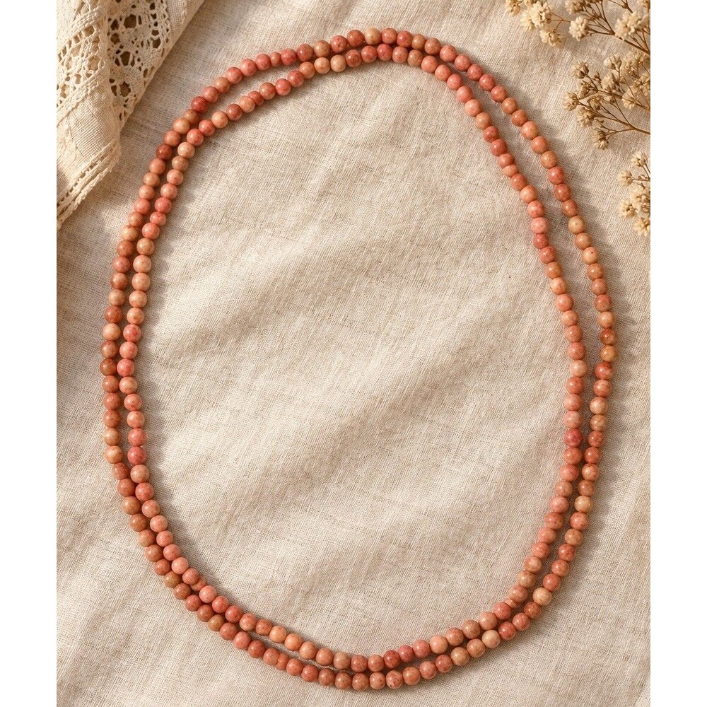 Vintage Pink Cream Mottled Round Stone Bead Necklace Long Boho Layering 35”